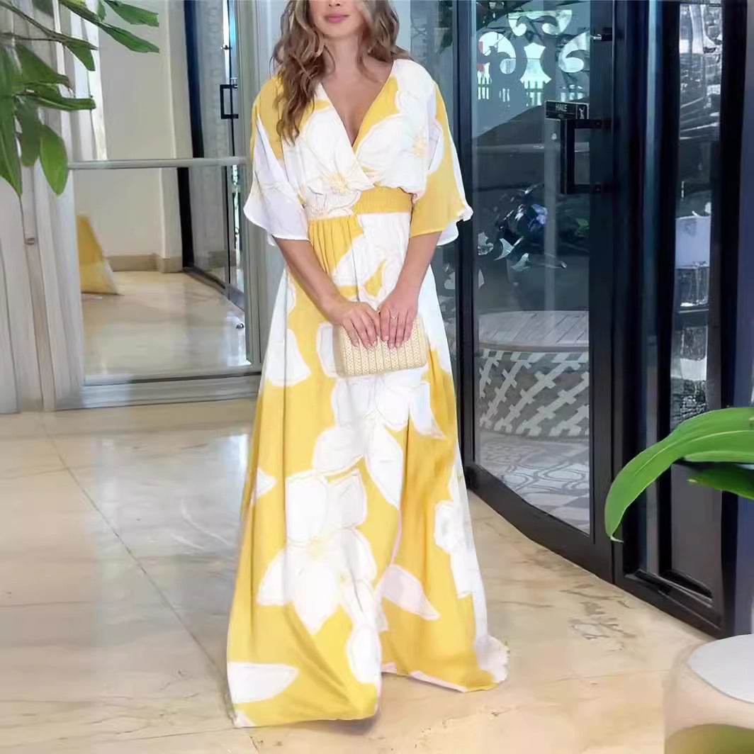 Flower Printed V-neck Batwing-sleeved Dress Fashion Elegant Backless Long Dresses Women's Clothing - Odeita