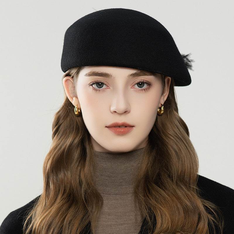 Autumn And Winter Retro Style Feather Decorative Wool Beret - Odeita