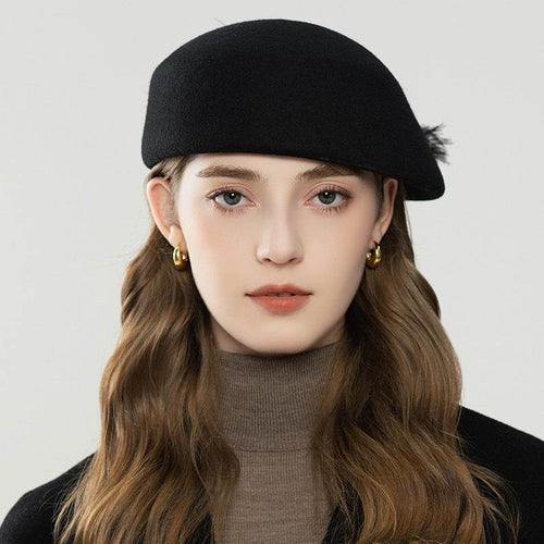 Autumn And Winter Retro Style Feather Decorative Wool Beret - Odeita