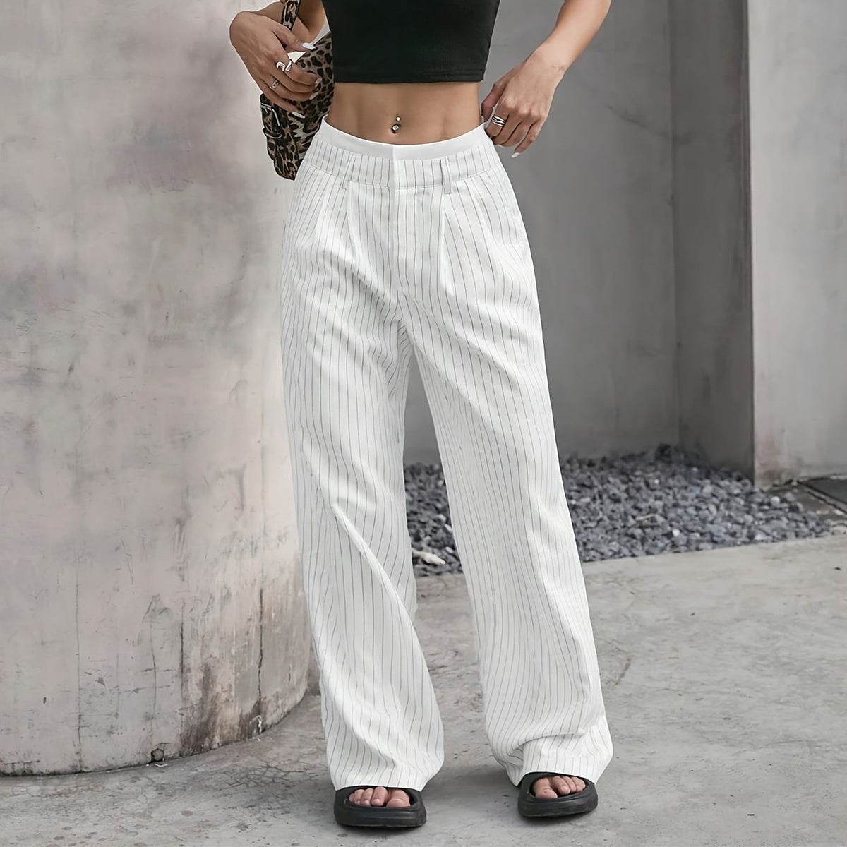Stripe Printed Trousers Fashion High Waist Straight Leg Pants With Pocket Zipper Casual Suit Pants For Women - Odeita