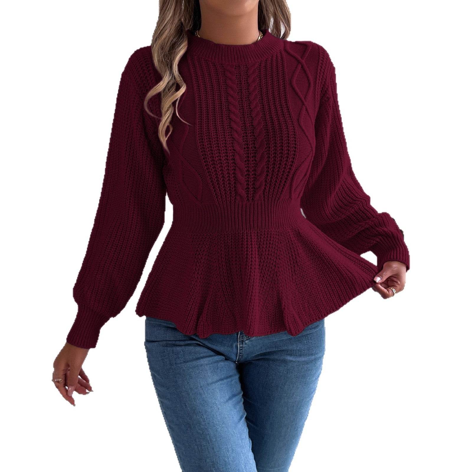 Twist Waist Trimming Ruffles Long Sleeve Pullover - Odeita