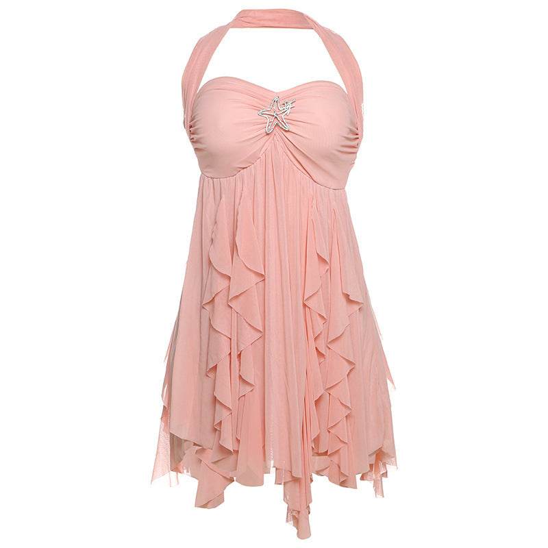 Ins Halter Neck Backless Dress Summer Sexy Printed Irregular Mesh Short Dresses For Evening Party Club Women's Clothing - Odeita