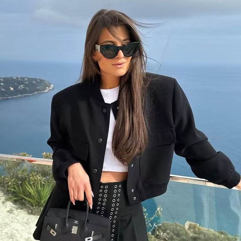 Casual Single-breasted Stand Collar Short Jacket With Pockets Fashion Long Sleeve Outwear Tops Coat For Womens Clothing - Odeita
