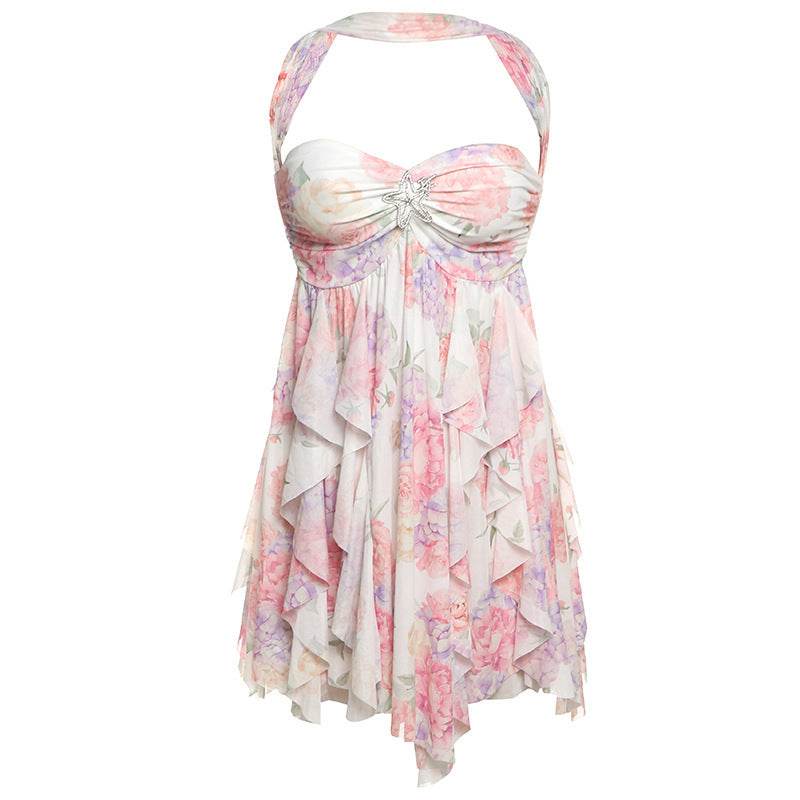 Ins Halter Neck Backless Dress Summer Sexy Printed Irregular Mesh Short Dresses For Evening Party Club Women's Clothing - Odeita