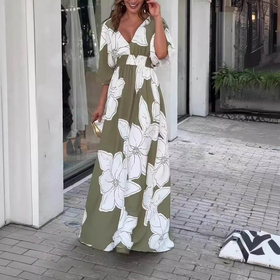 Flower Printed V-neck Batwing-sleeved Dress Fashion Elegant Backless Long Dresses Women's Clothing - Odeita