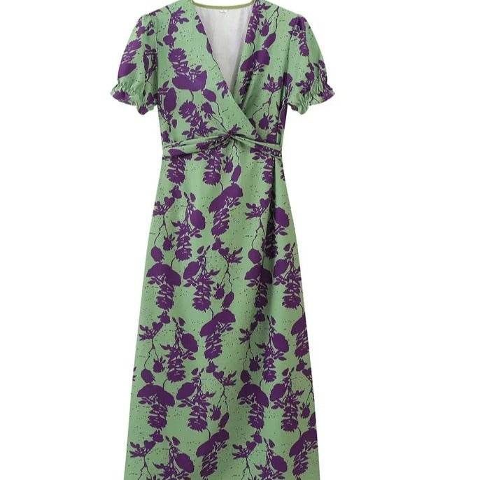 Top Selling V-neck Short Sleeved Dress - Floral Print Pleated Detail Women's Casual Summer Dress - Odeita