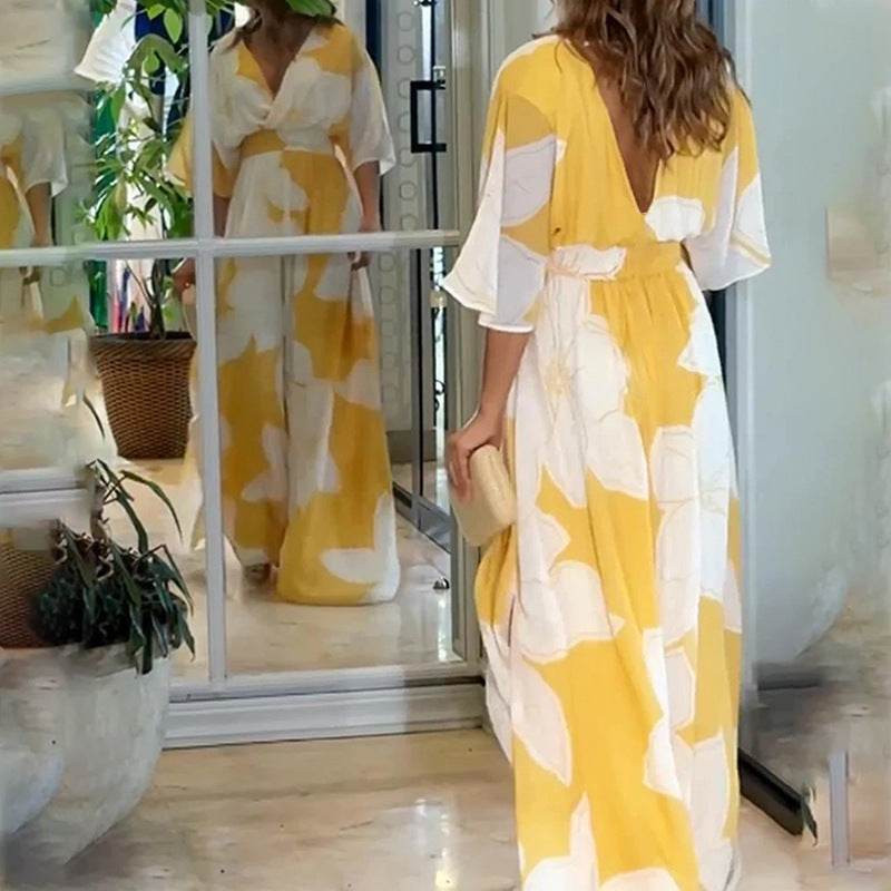 Flower Printed V-neck Batwing-sleeved Dress Fashion Elegant Backless Long Dresses Women's Clothing - Odeita