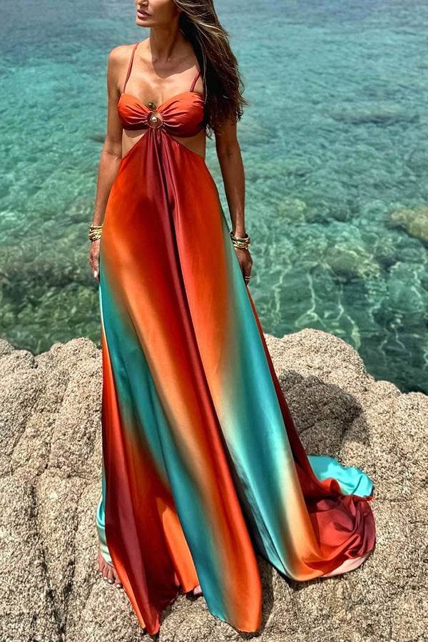 Sexy Gradient Color Halter Maxi Dress - Tropical Beach Boho Chic Long Dress For Women, Flowy Summer Sundress With Slit - Odeita
