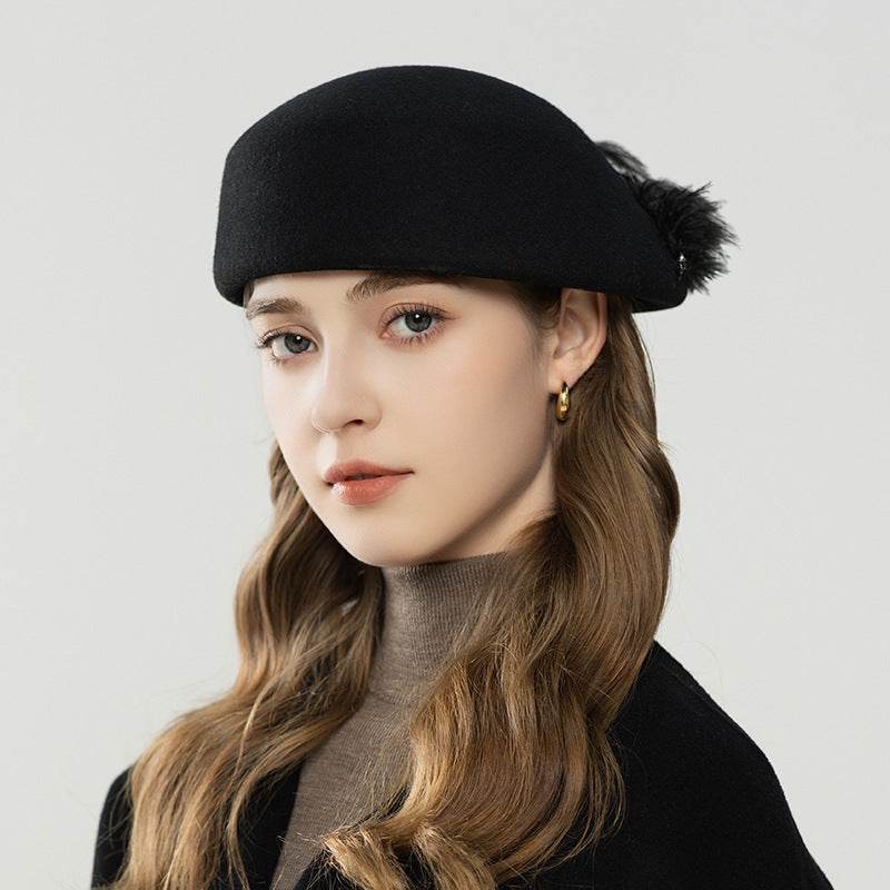 Autumn And Winter Retro Style Feather Decorative Wool Beret - Odeita