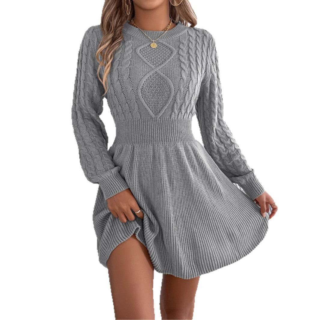 Solid Color Twist Fitted Waist Lantern Long Sleeve Sweater Dress - Odeita