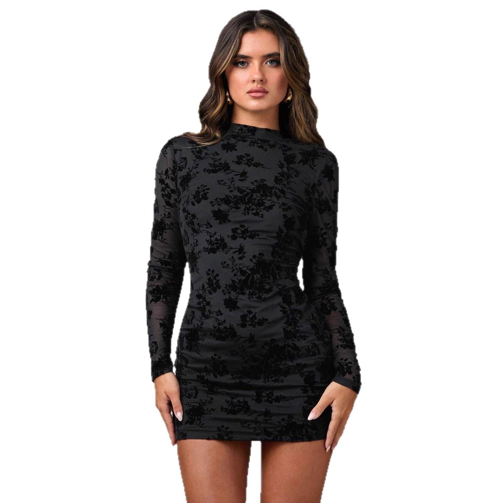Hollow-out Flocking Sheath Slim Dress For Women - Odeita