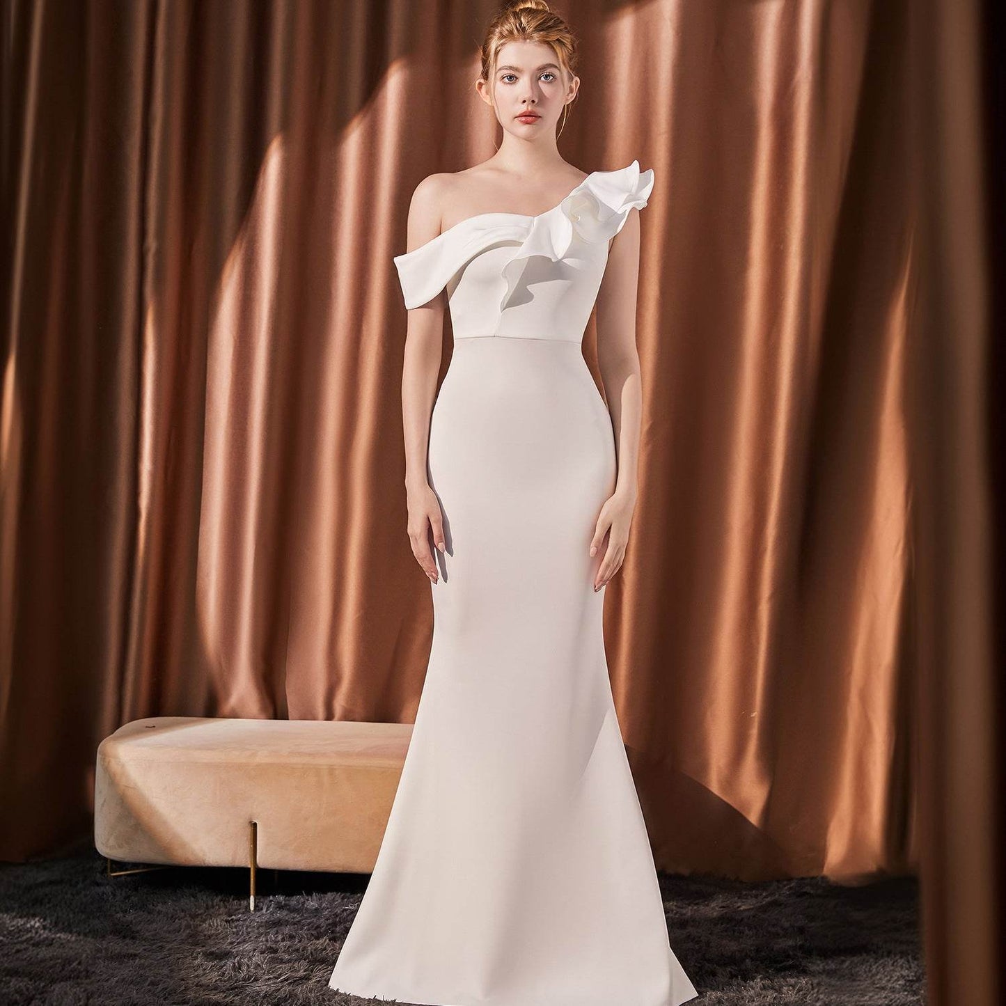 High-end Slant Shoulder Slimming Long Dress - Odeita