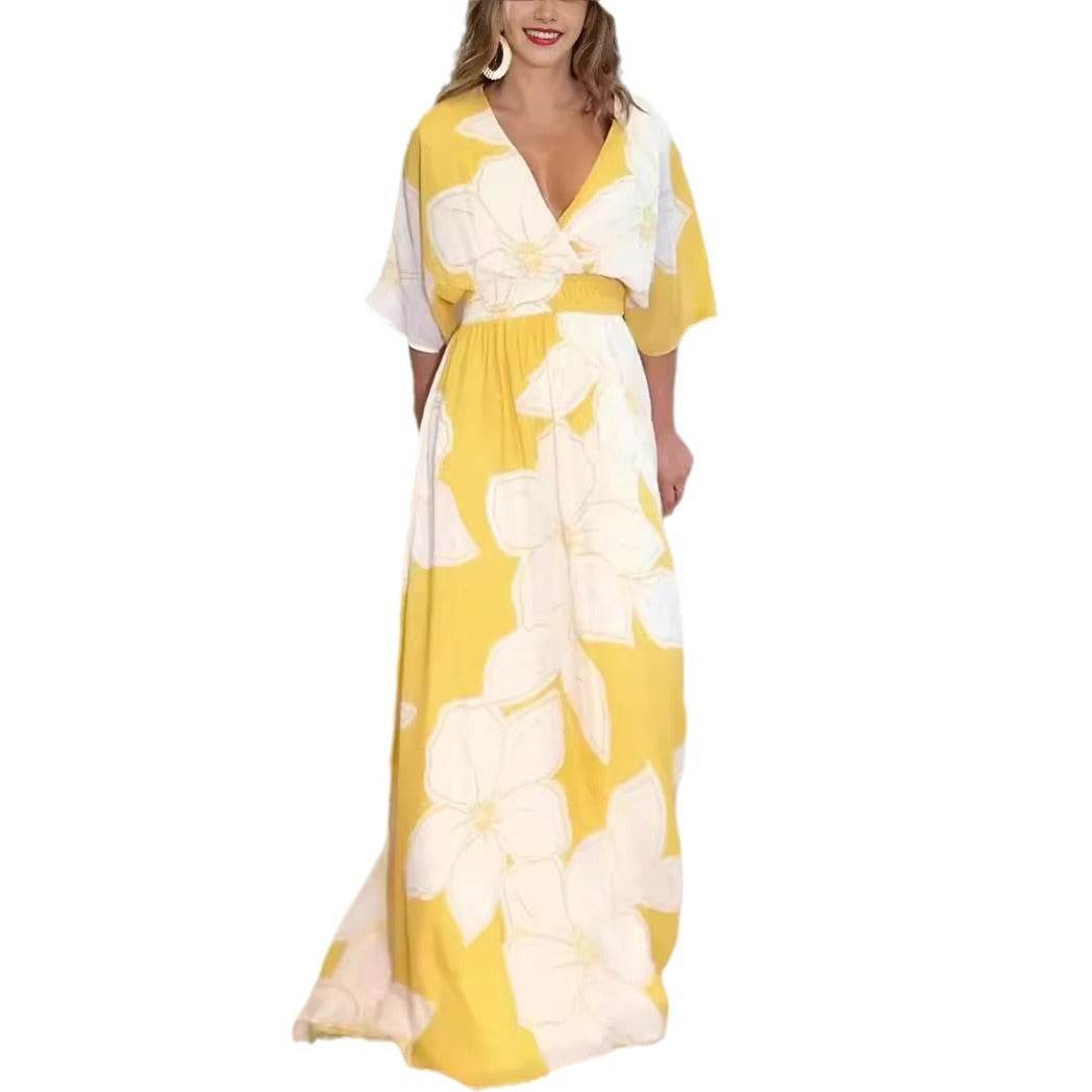 Flower Printed V-neck Batwing-sleeved Dress Fashion Elegant Backless Long Dresses Women's Clothing - Odeita