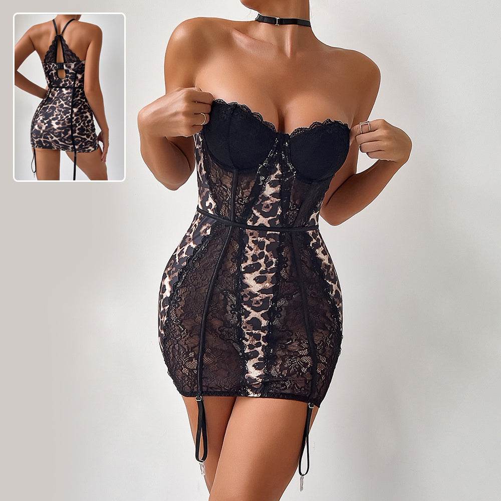 Sexy Leopard Lace Tube Top Dress Ins Fashion Corset A-line Short Dresses For Women Clothing - Odeita