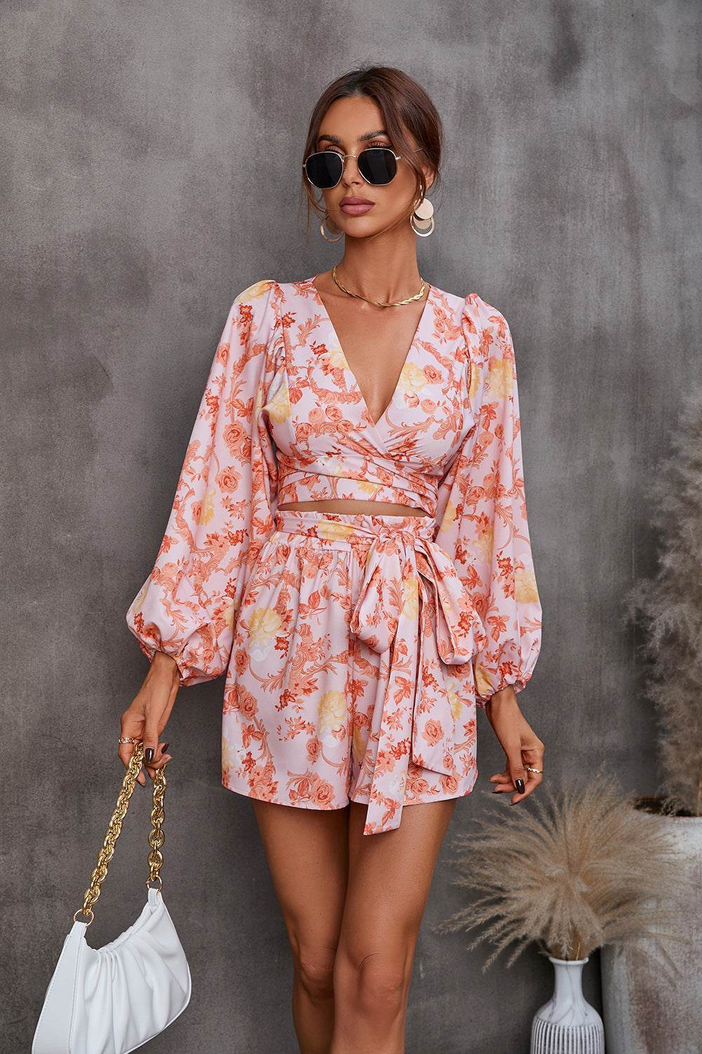 Autumn Flowers Long Sleeve Shorts V-neck Jumpsuit - Odeita