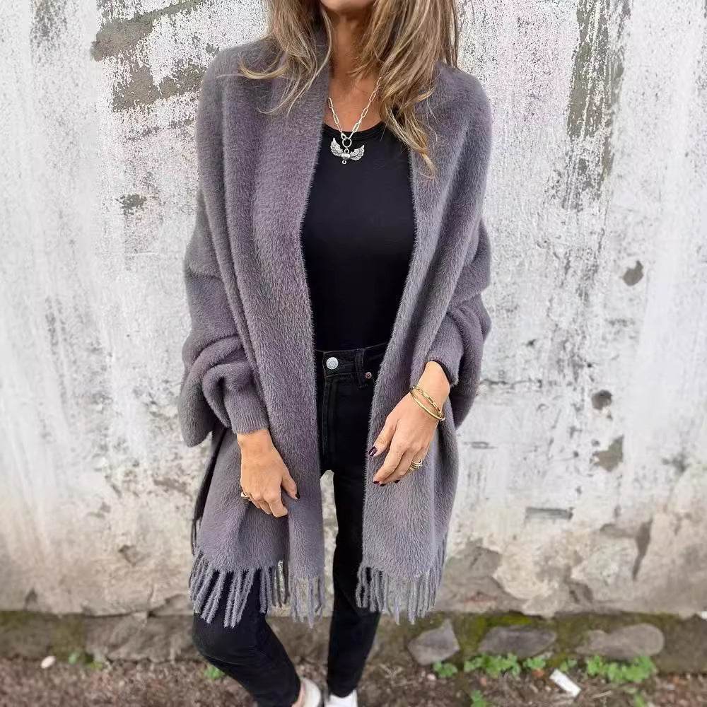 Women's Knitted Batwing Sleeve Cardigan With Tassel Design Fashion Loose Shawl Outwear Clothing - Odeita