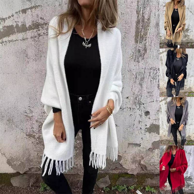 Women's Knitted Batwing Sleeve Cardigan With Tassel Design Fashion Loose Shawl Outwear Clothing - Odeita