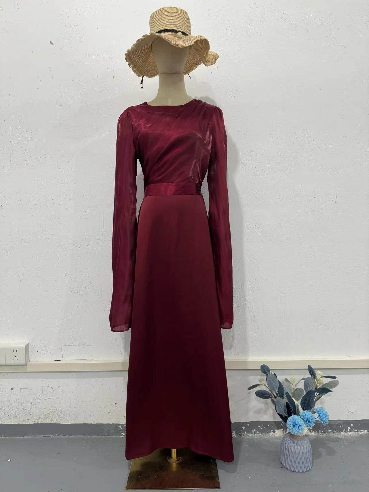 Elegant Summer Sleeve Contrast Chiffon & Satin Maxi Dress With Flared Cuffs - Slim Fit Long Dress For Women - Odeita