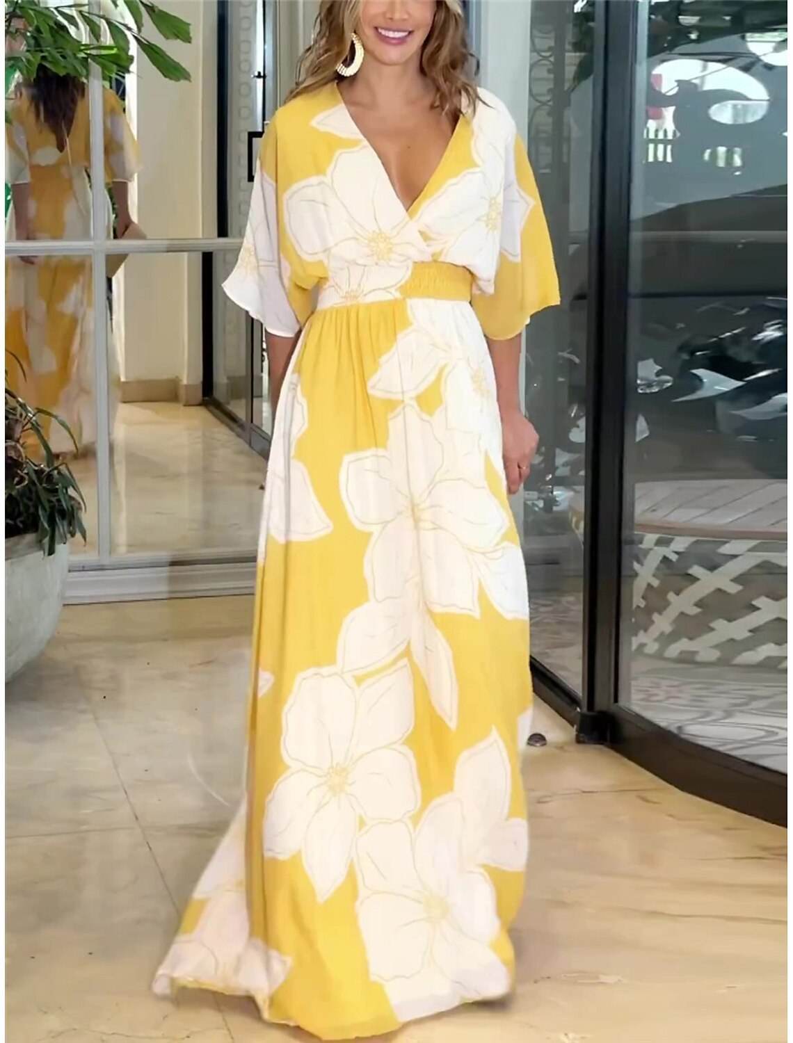 Flower Printed V-neck Batwing-sleeved Dress Fashion Elegant Backless Long Dresses Women's Clothing - Odeita
