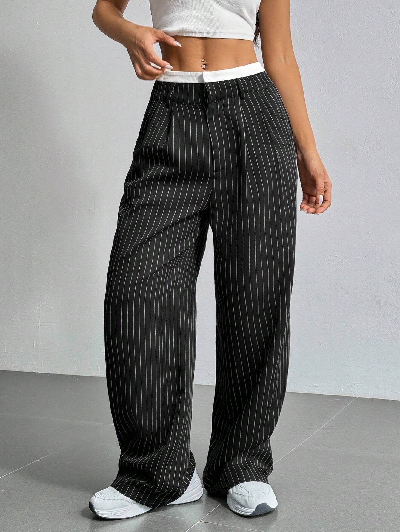 Stripe Printed Trousers Fashion High Waist Straight Leg Pants With Pocket Zipper Casual Suit Pants For Women - Odeita