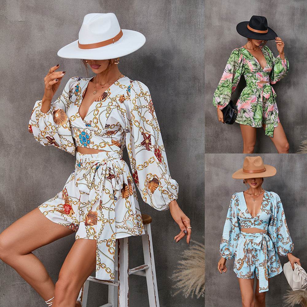 Autumn Flowers Long Sleeve Shorts V-neck Jumpsuit - Odeita