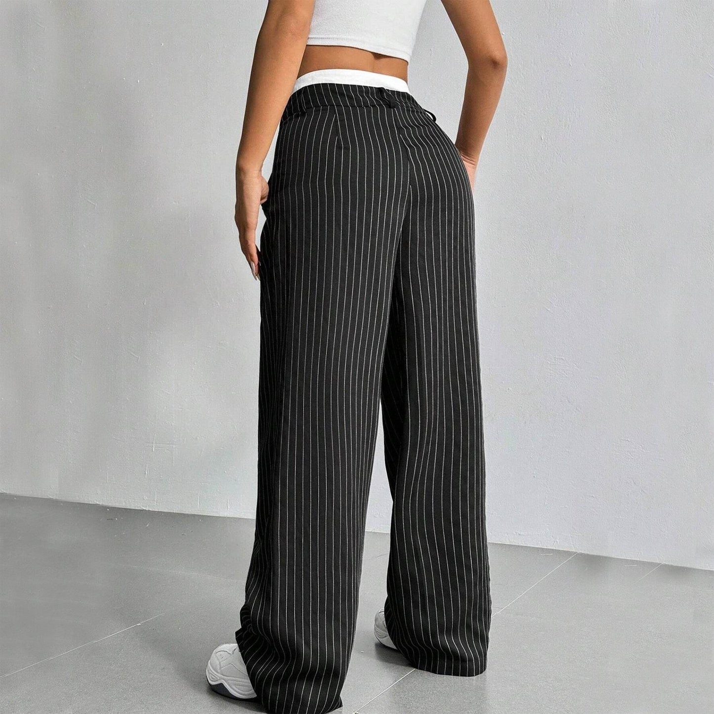 Stripe Printed Trousers Fashion High Waist Straight Leg Pants With Pocket Zipper Casual Suit Pants For Women - Odeita