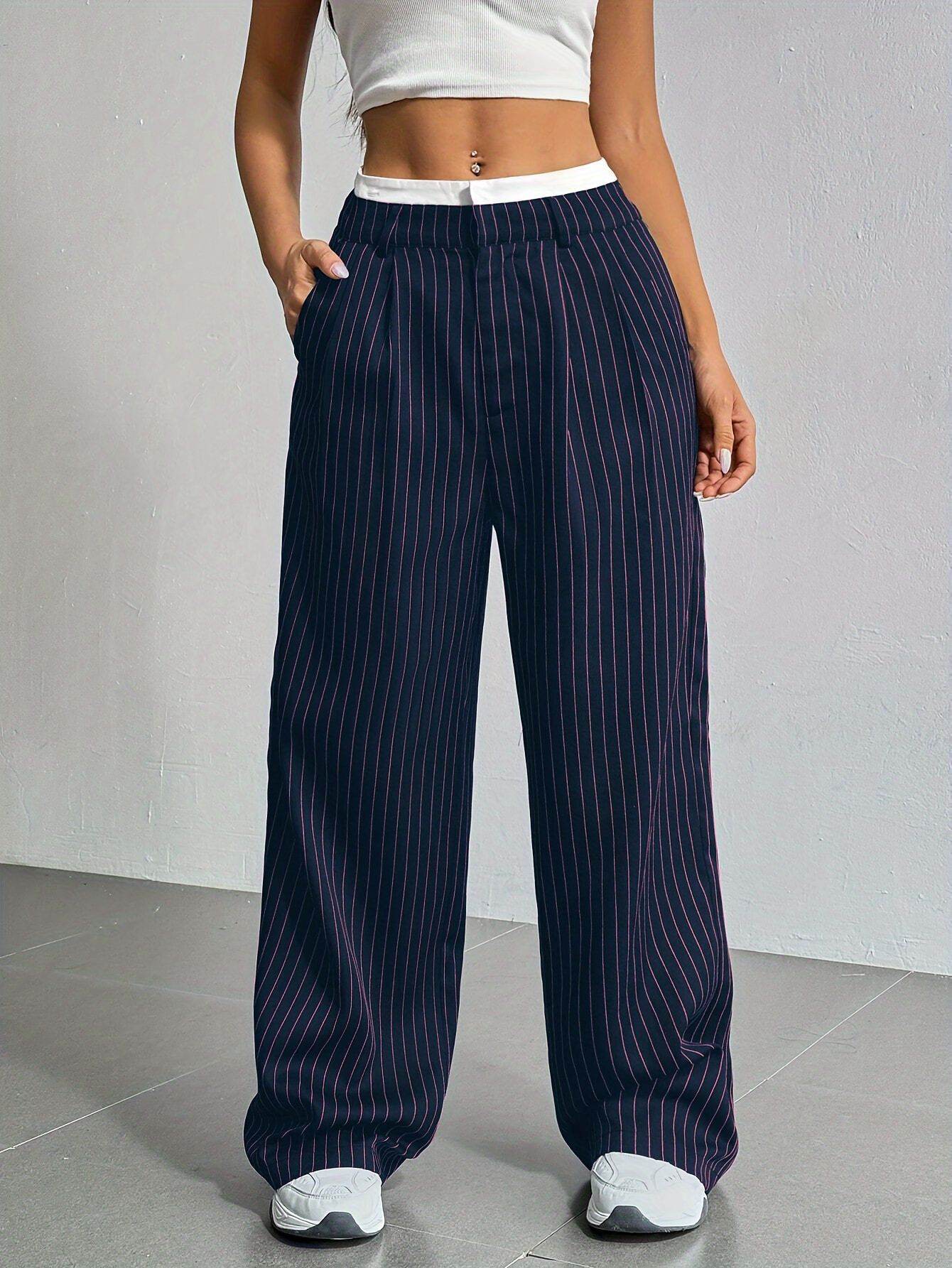 Stripe Printed Trousers Fashion High Waist Straight Leg Pants With Pocket Zipper Casual Suit Pants For Women - Odeita