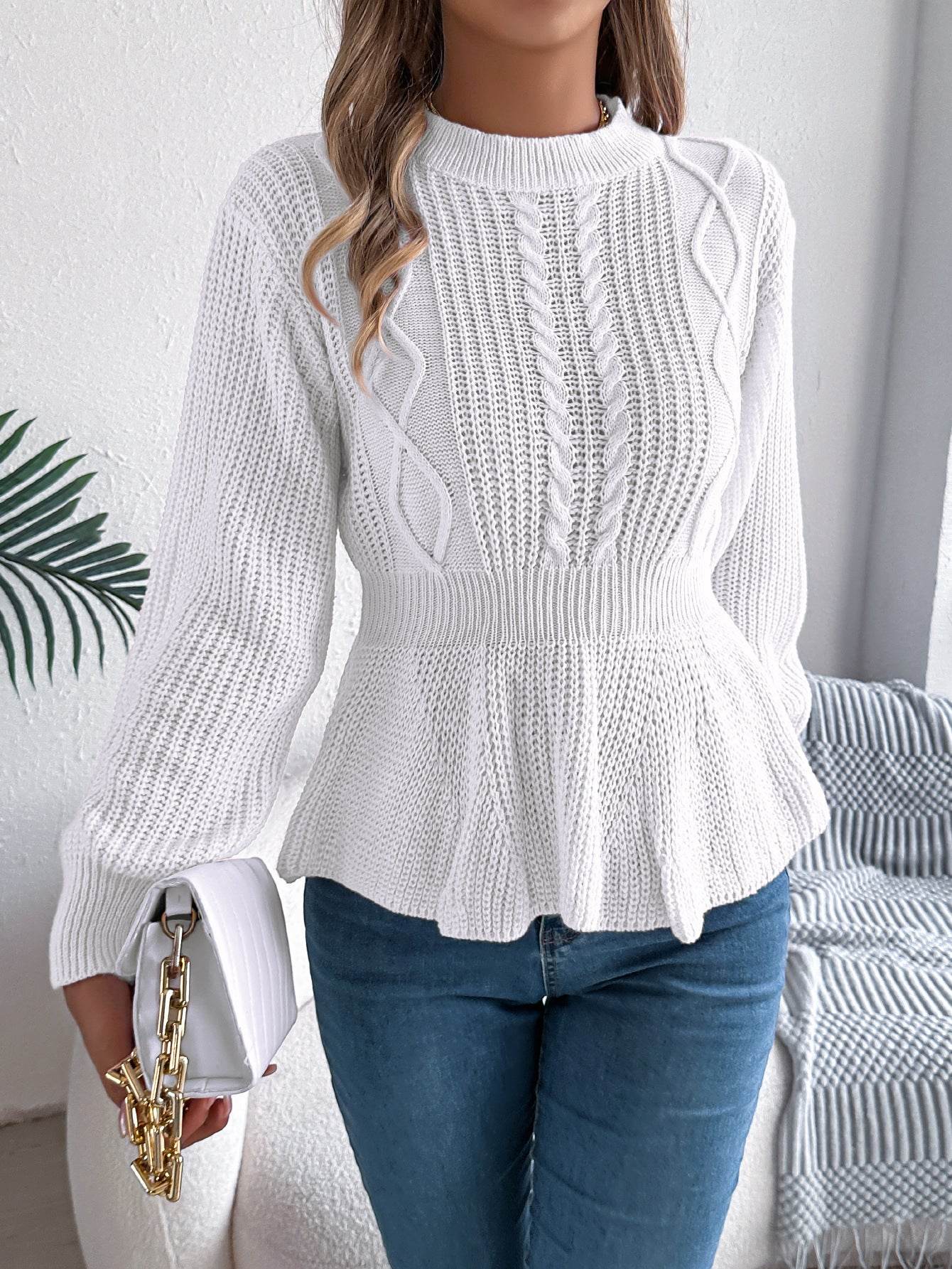 Twist Waist Trimming Ruffles Long Sleeve Pullover - Odeita
