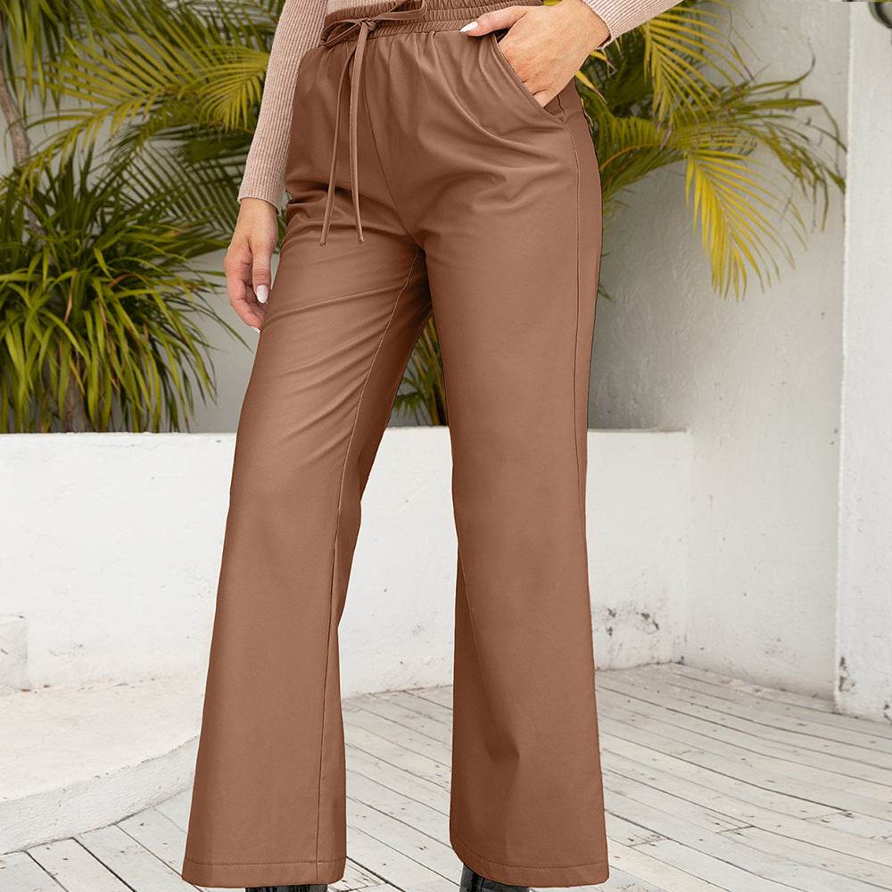 High Waist PU Loose Trousers Motorcycle Leather Straight Wide Leg Leather Pants For Women - Odeita
