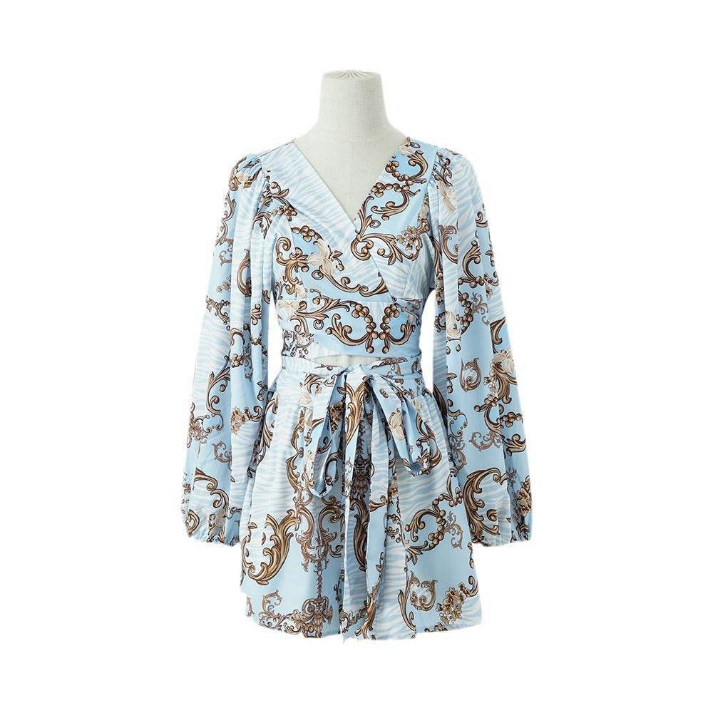Autumn Flowers Long Sleeve Shorts V-neck Jumpsuit - Odeita