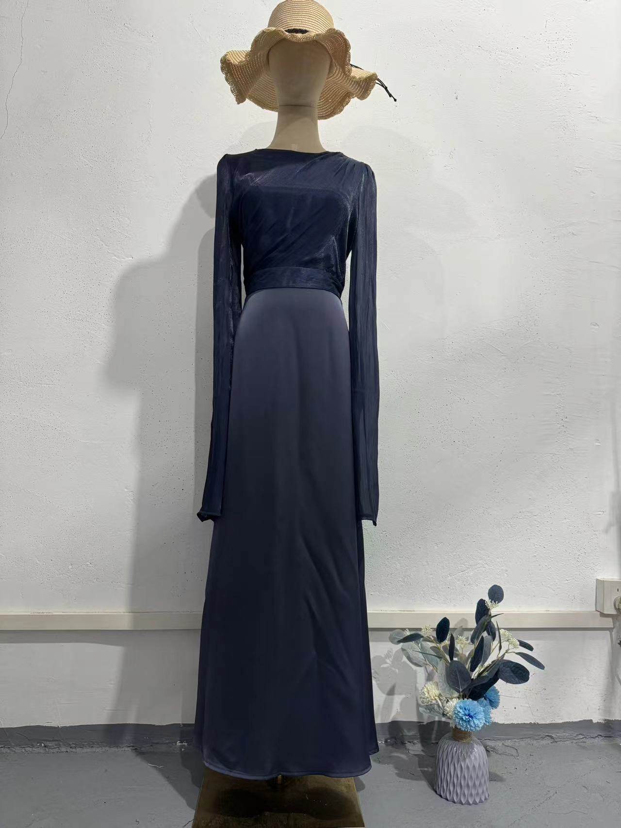 Elegant Summer Sleeve Contrast Chiffon & Satin Maxi Dress With Flared Cuffs - Slim Fit Long Dress For Women - Odeita