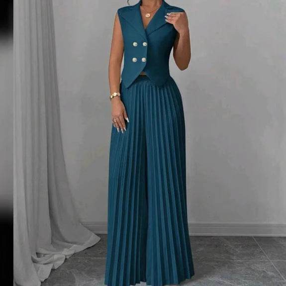 Summer Sleeveless Suit Fashion Lapel Button Vest Top And Pleated Straight Pants Women's Trousers Set Clothing - Odeita