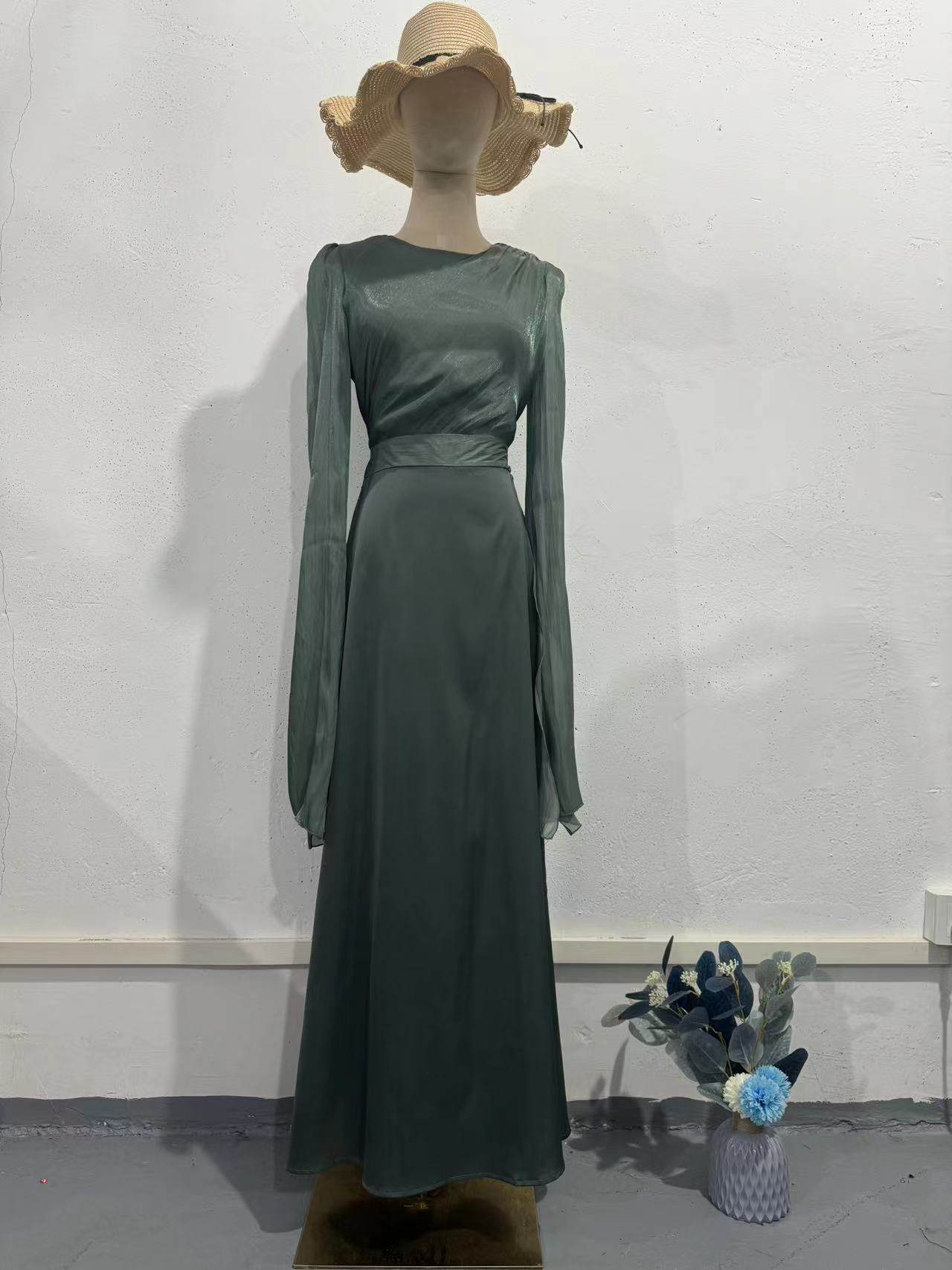 Elegant Summer Sleeve Contrast Chiffon & Satin Maxi Dress With Flared Cuffs - Slim Fit Long Dress For Women - Odeita