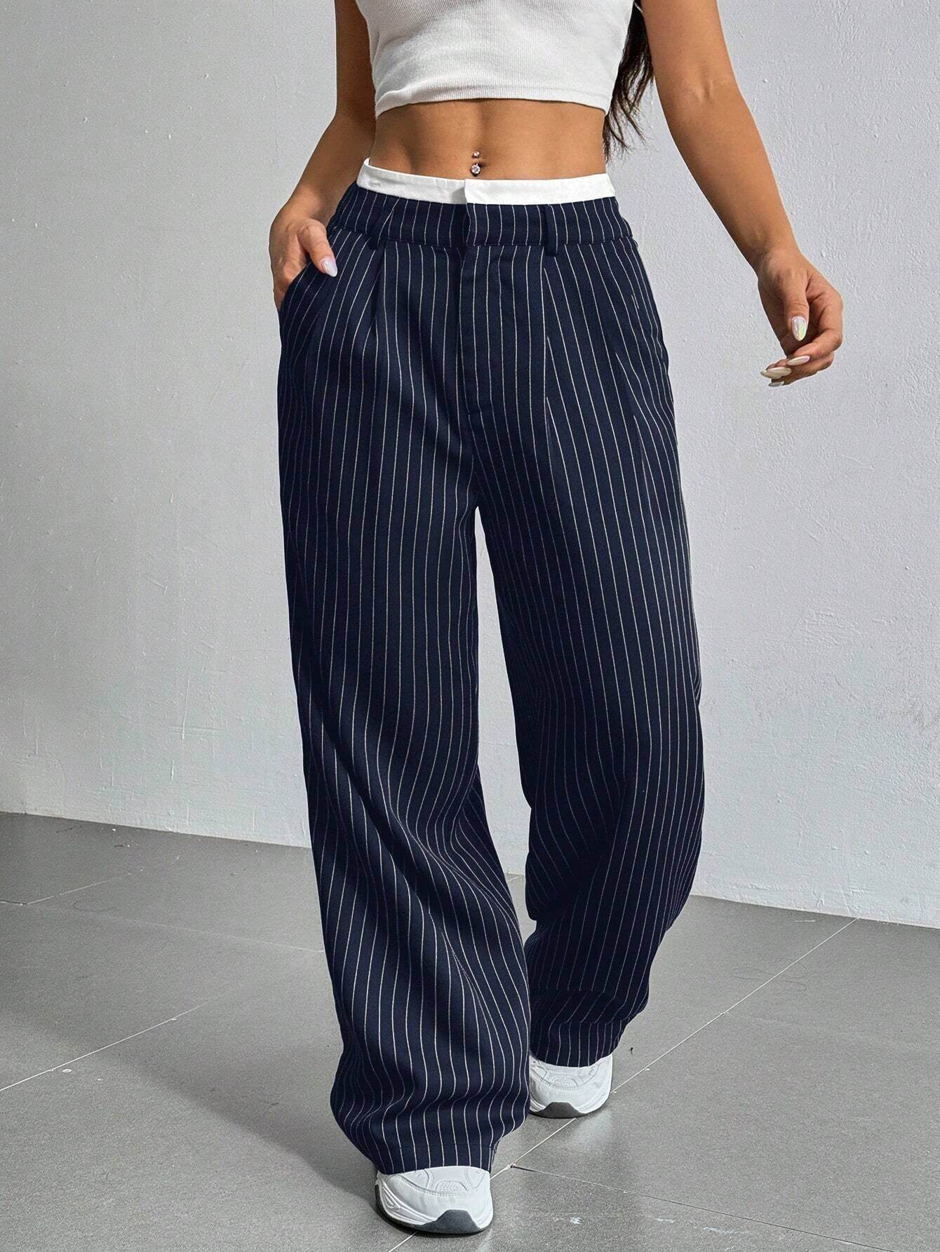 Stripe Printed Trousers Fashion High Waist Straight Leg Pants With Pocket Zipper Casual Suit Pants For Women - Odeita