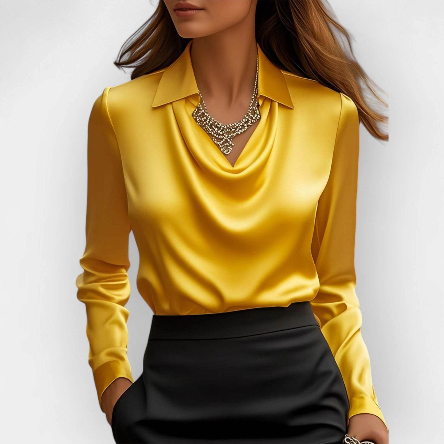 Women's Swing Collar Draped Shirts & Blouses Elegant Solid Satin Office Ladies Top Pullover Spring Long Sleeve Casual Tops - Odeita