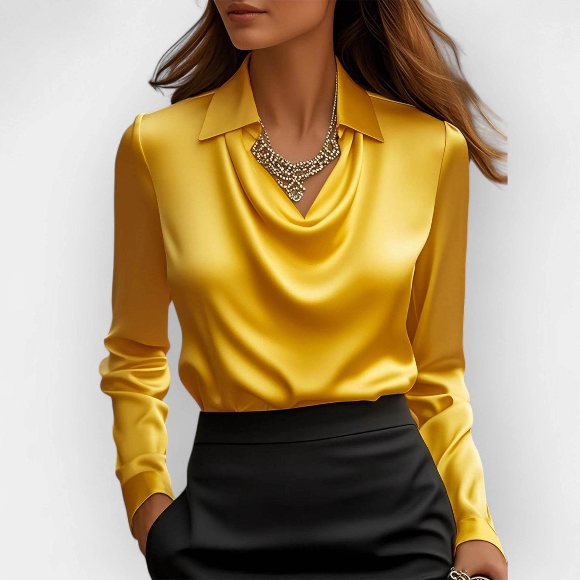Women's Swing Collar Draped Shirts & Blouses Elegant Solid Satin Office Ladies Top Pullover Spring Long Sleeve Casual Tops - Odeita