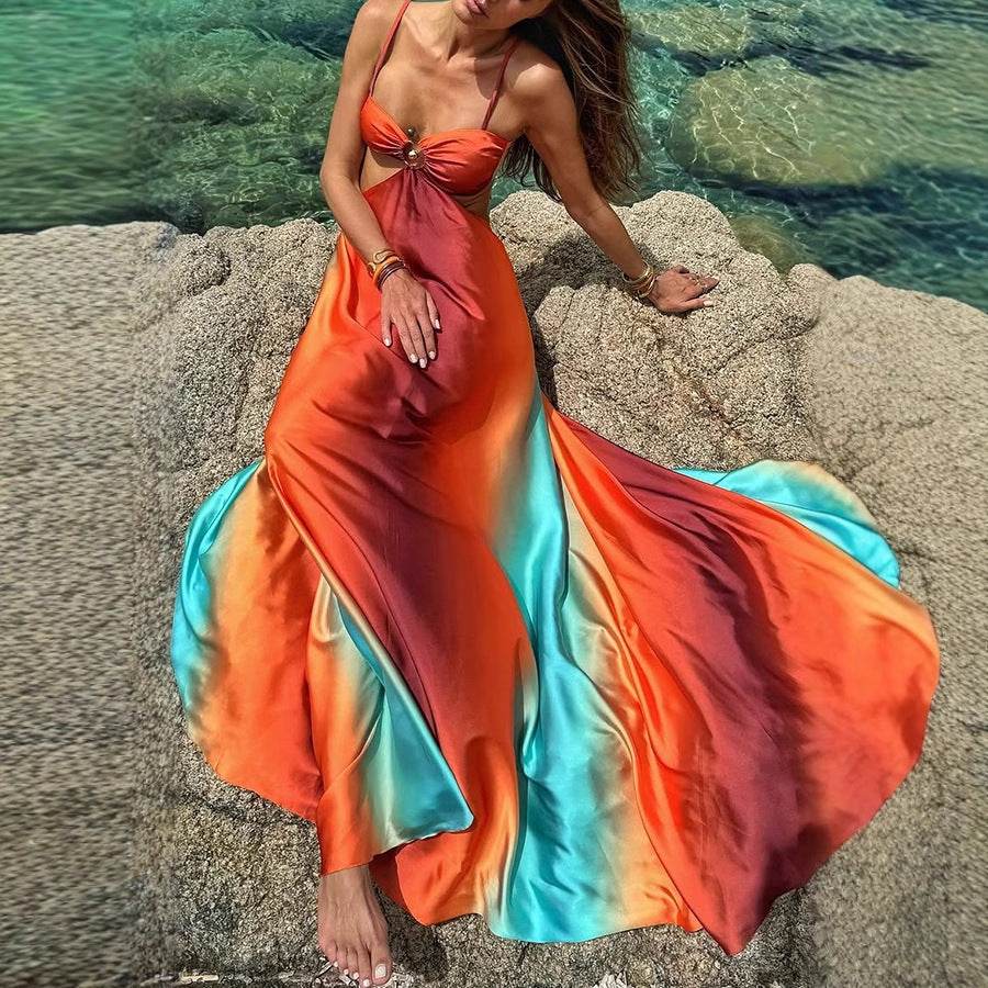 Sexy Gradient Color Halter Maxi Dress - Tropical Beach Boho Chic Long Dress For Women, Flowy Summer Sundress With Slit - Odeita