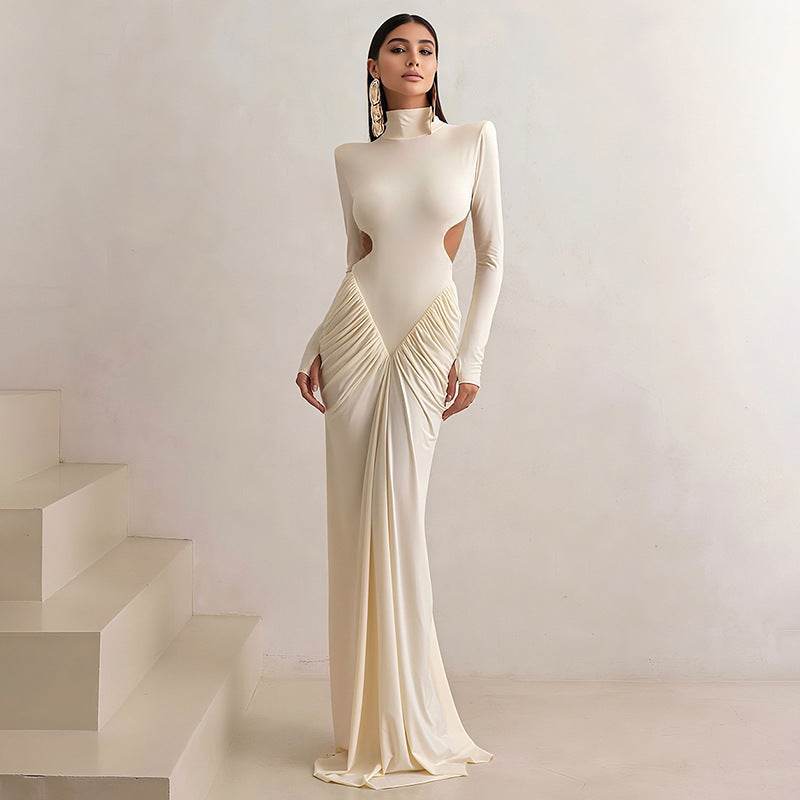 Long Sleeve High Collar Temperament Slim Fit Pleated Backless Dress - Odeita
