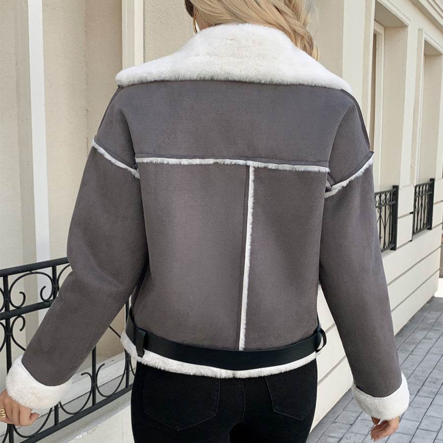 Women's Casual Fashion Polo Collar Plush Jacket Coat - Odeita