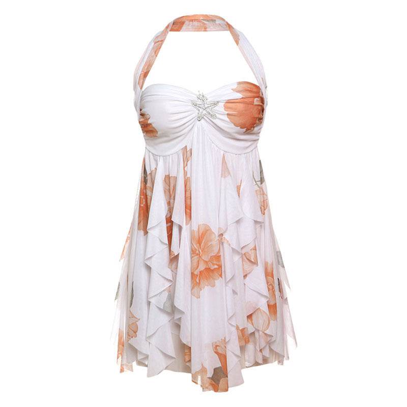 Ins Halter Neck Backless Dress Summer Sexy Printed Irregular Mesh Short Dresses For Evening Party Club Women's Clothing - Odeita