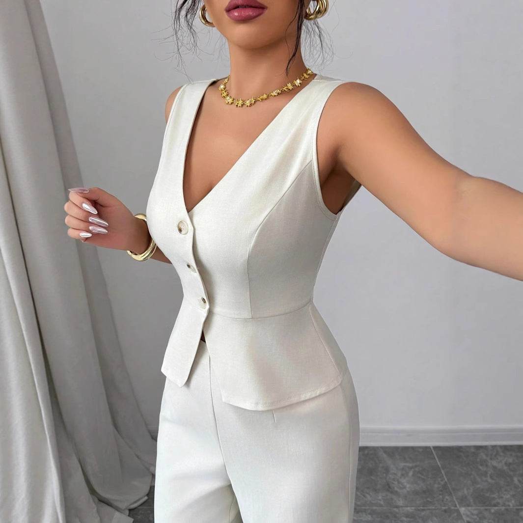 Solid Color Sleeveless Slim Fit Vest High Waist Trousers Two-piece Set - Odeita