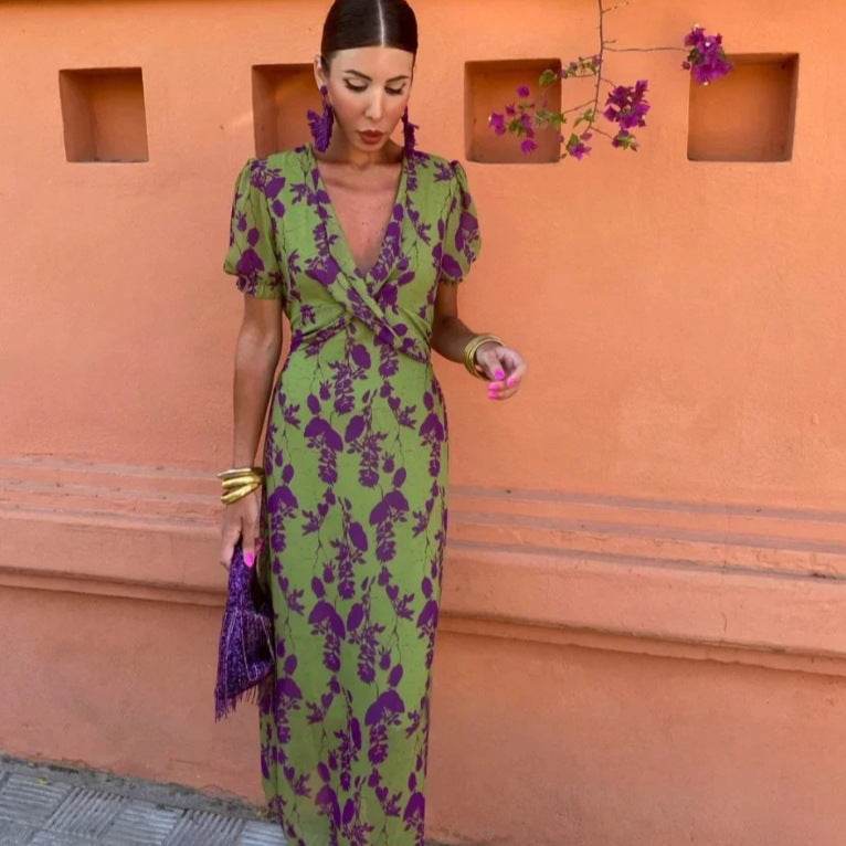 Top Selling V-neck Short Sleeved Dress - Floral Print Pleated Detail Women's Casual Summer Dress - Odeita