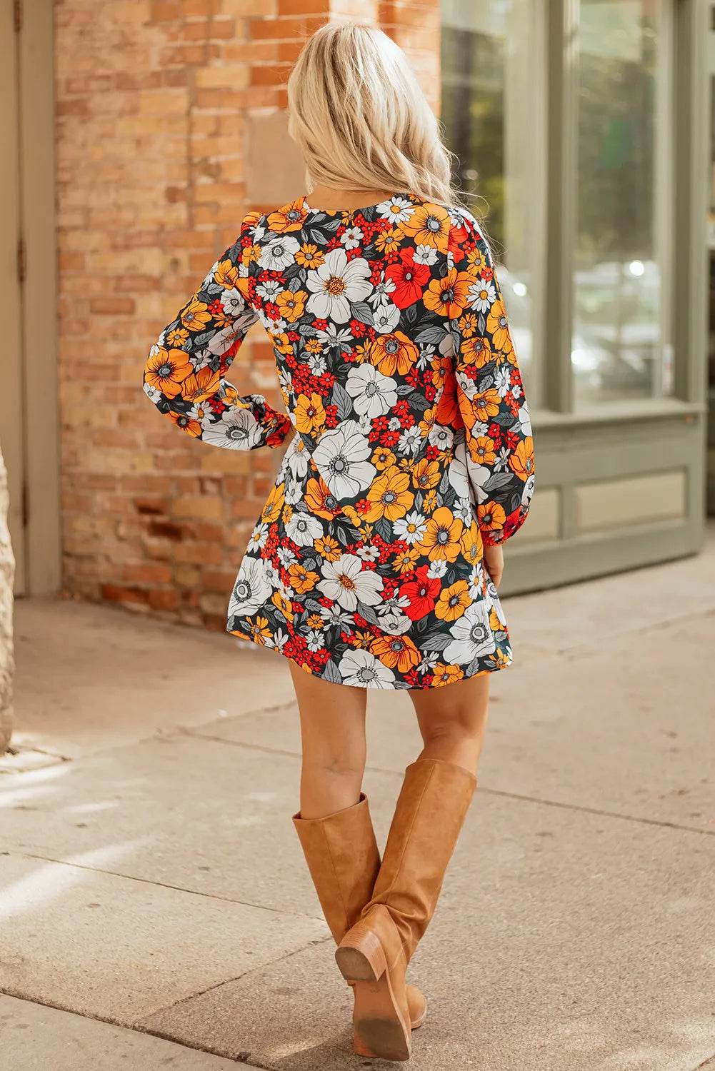 Orange Floral Print Striped Lace V Neck Long Sleeve Mini Dress - Odeita