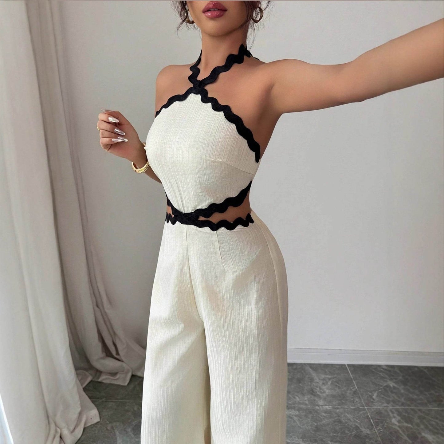 Women's Fashionable Wave Lace Texture Halter Stitching Hollow-out Jumpsuit - Odeita