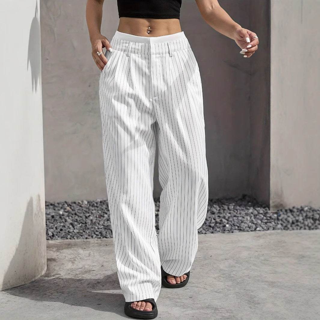 Stripe Printed Trousers Fashion High Waist Straight Leg Pants With Pocket Zipper Casual Suit Pants For Women - Odeita