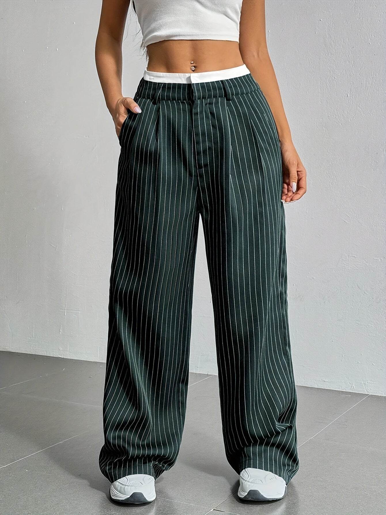 Stripe Printed Trousers Fashion High Waist Straight Leg Pants With Pocket Zipper Casual Suit Pants For Women - Odeita