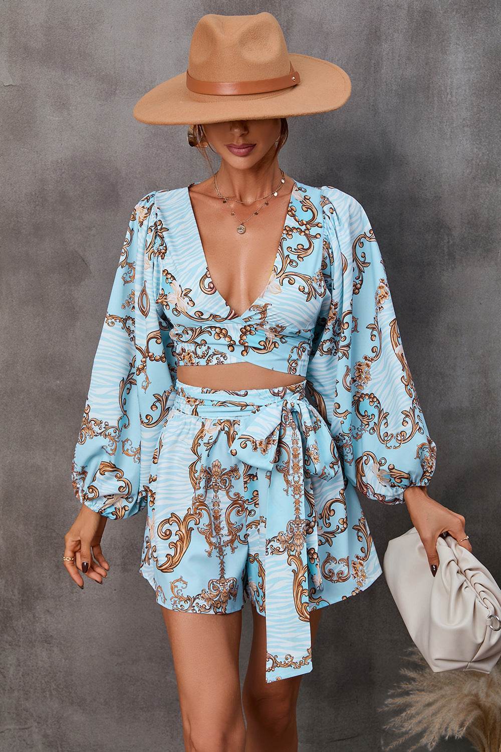 Autumn Flowers Long Sleeve Shorts V-neck Jumpsuit - Odeita