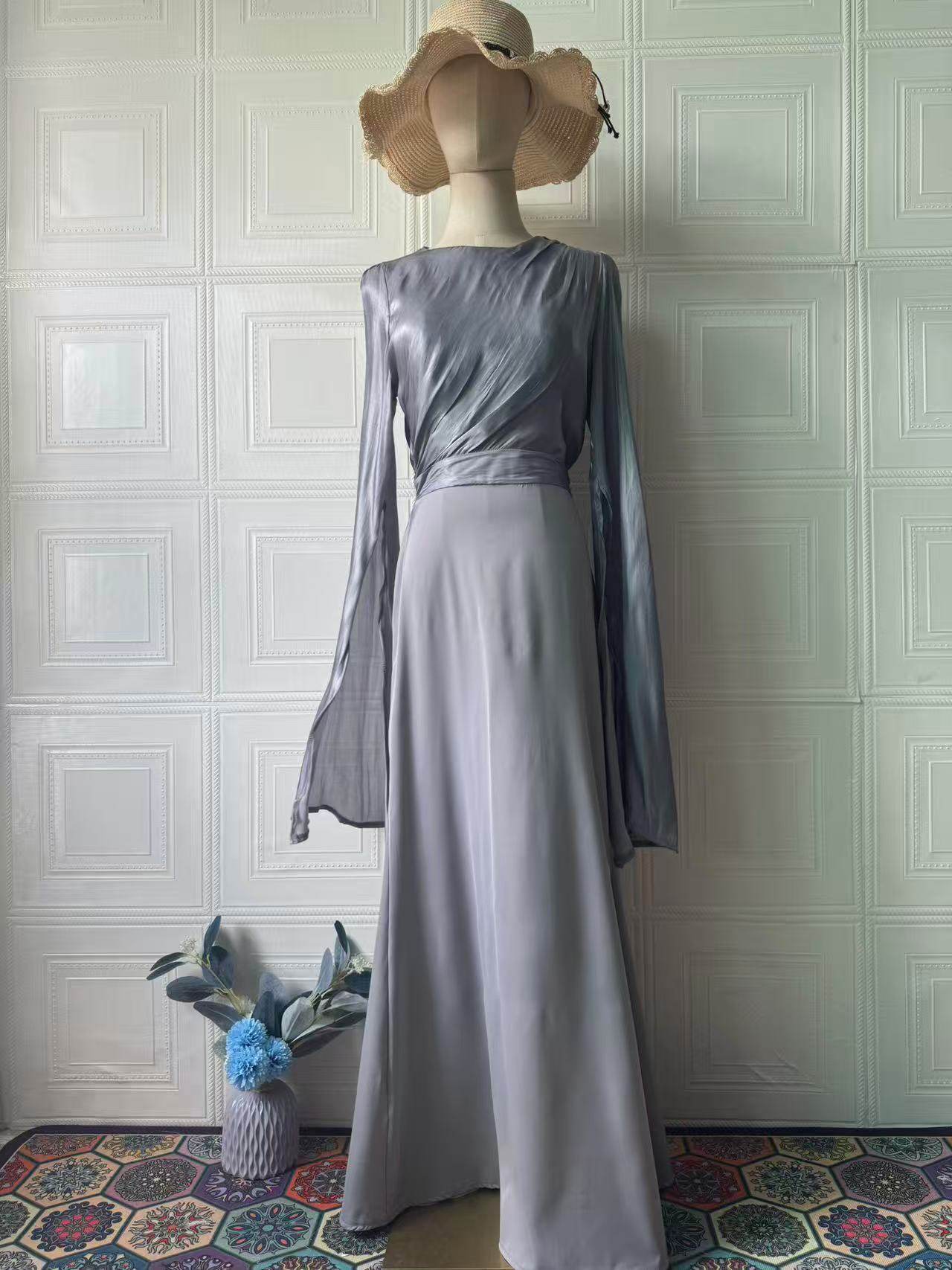 Elegant Summer Sleeve Contrast Chiffon & Satin Maxi Dress With Flared Cuffs - Slim Fit Long Dress For Women - Odeita