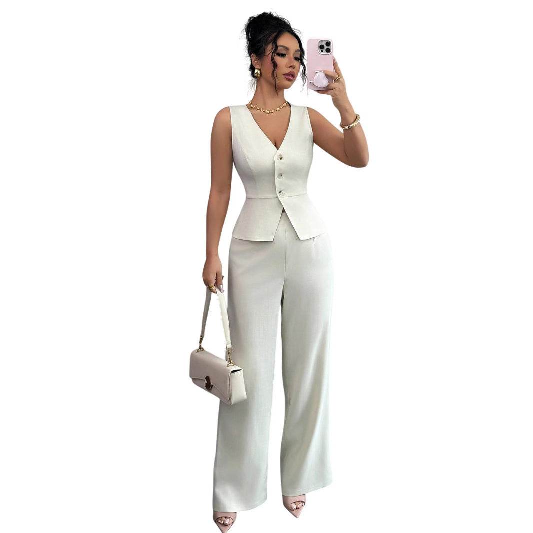 Solid Color Sleeveless Slim Fit Vest High Waist Trousers Two-piece Set - Odeita
