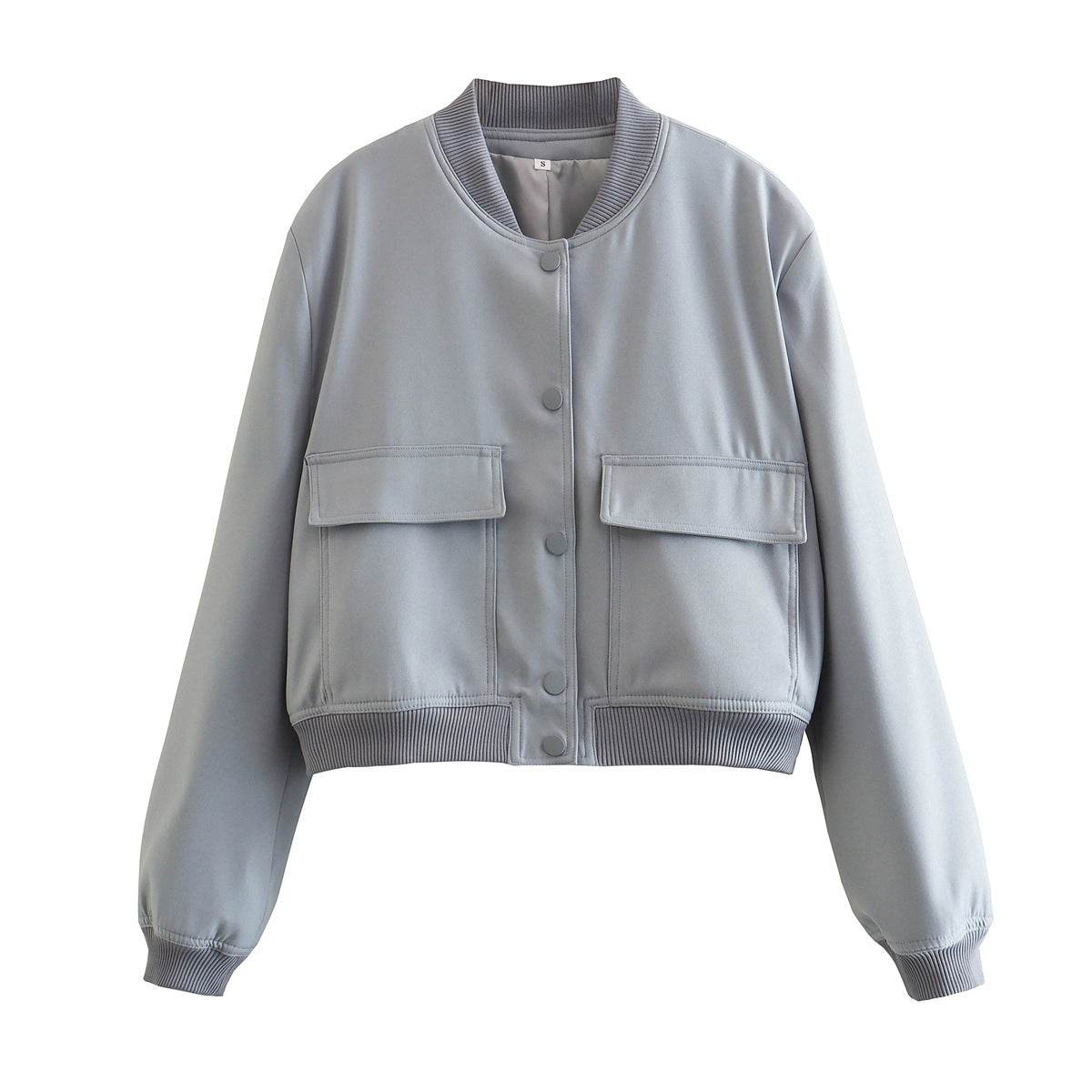 Casual Single-breasted Stand Collar Short Jacket With Pockets Fashion Long Sleeve Outwear Tops Coat For Womens Clothing - Odeita